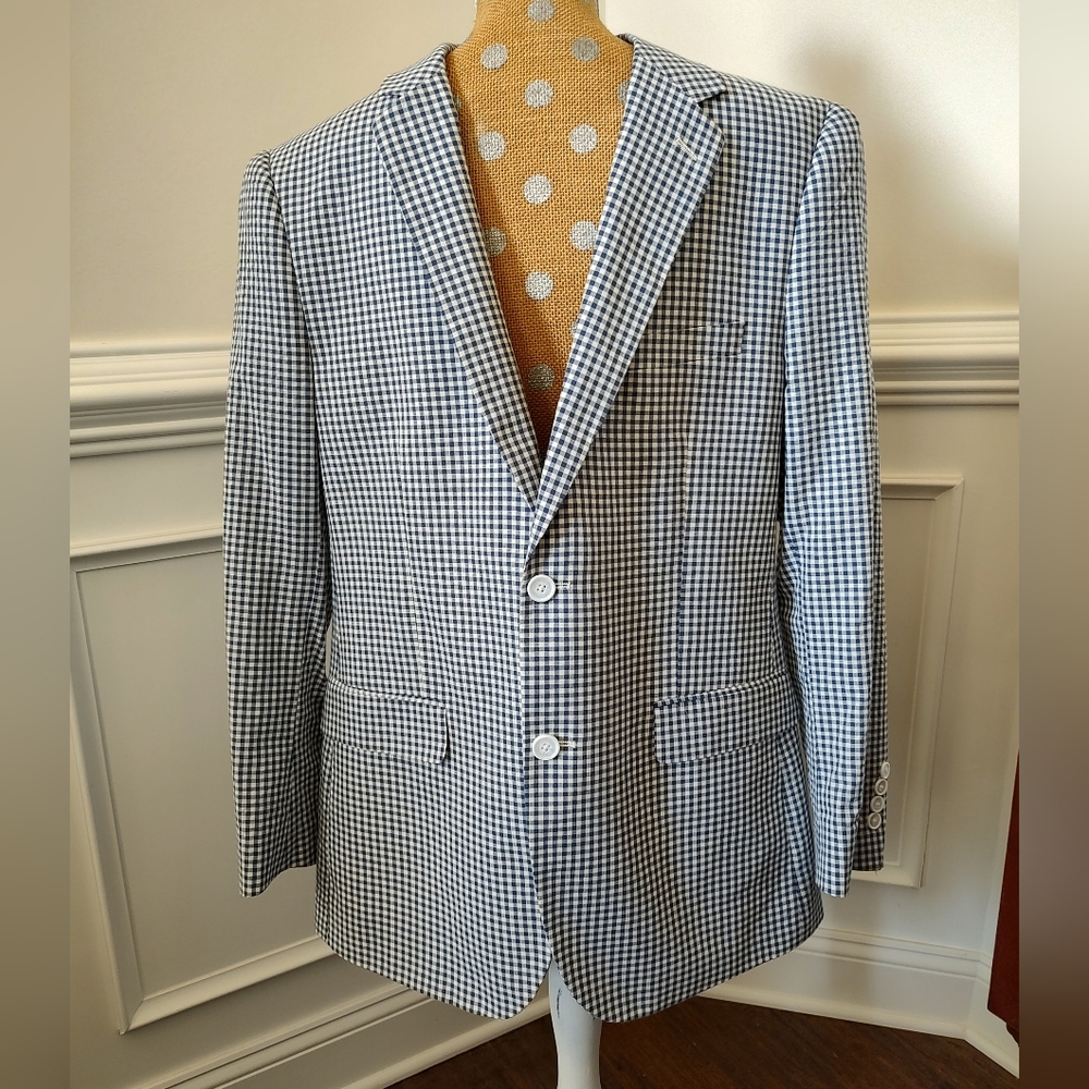 Men's Blue and White Checkered Blazer By Alan Flusser
